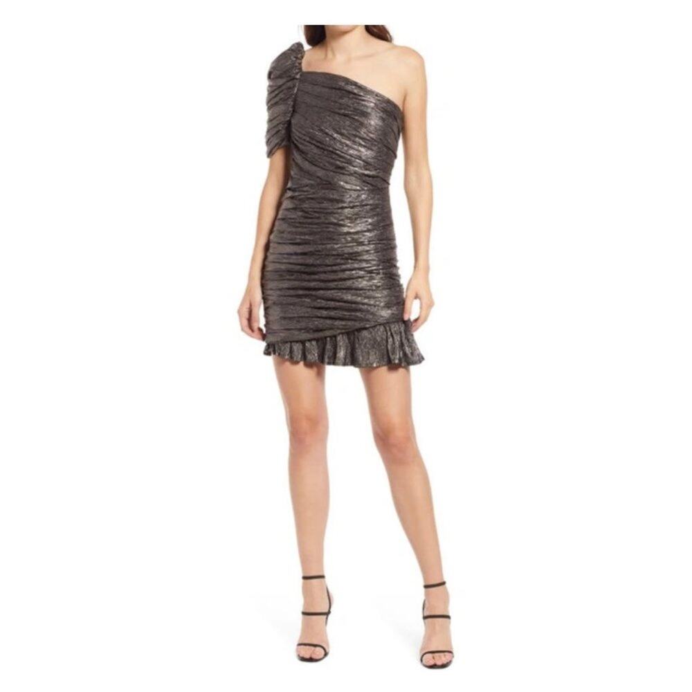 Floret Studios Gathered Metallic Sparkle one-shoulder Dress in Chrome Medium
